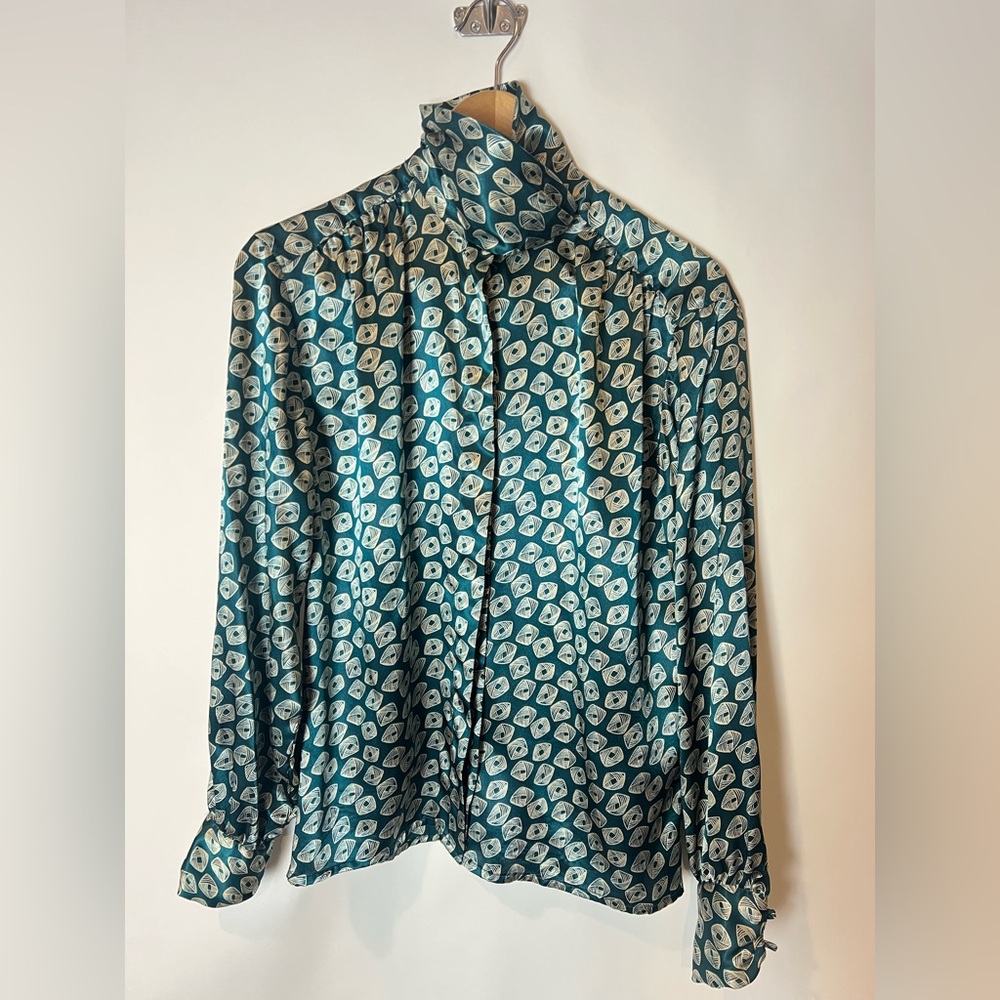 Jones New York Jewel Tone abstract Print Silky High Neck Blouse Size‎ 6 vtg
